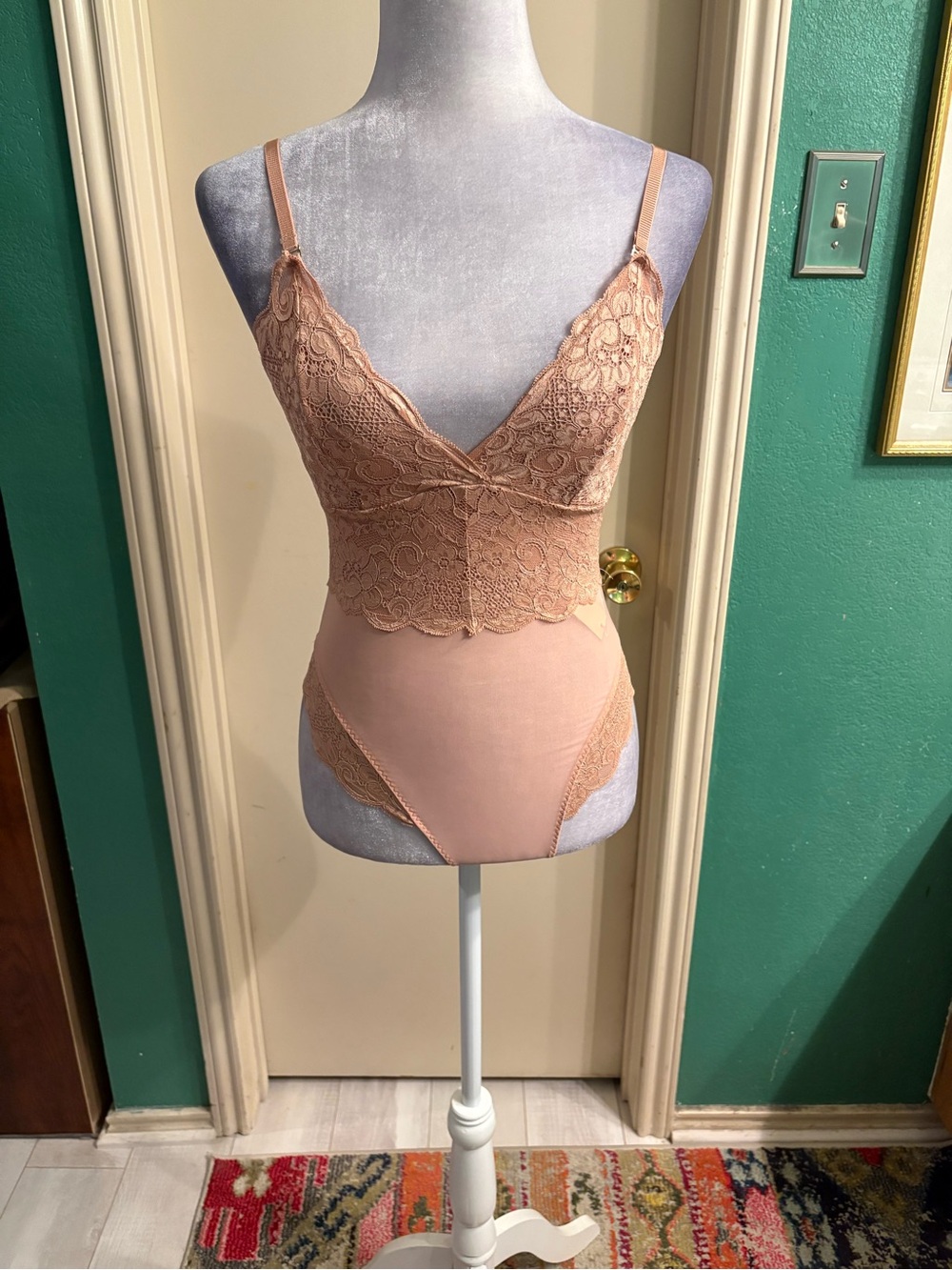 Hah Lace Sheer Blush Pink Thong Bodysuit